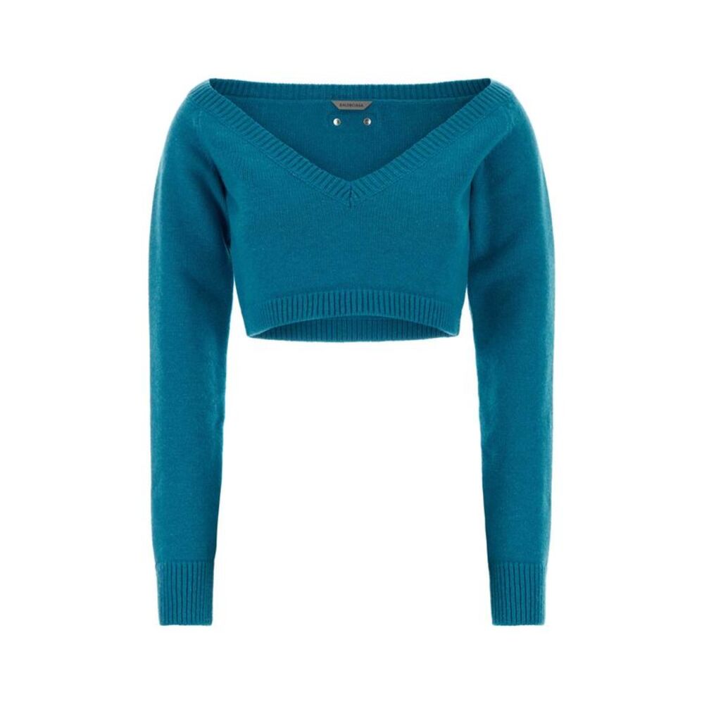 Balenciaga Women Turquoise Stretch Wool Blend Sweater